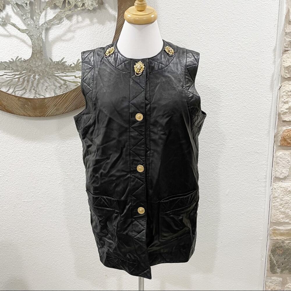 Vintage Braefair Quilted Leather Long Tunic Vest Lion Head Black Gold 16